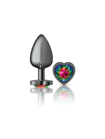 Gunmetal Metal Large Butt Plug with Rainbow Heart Gemstone