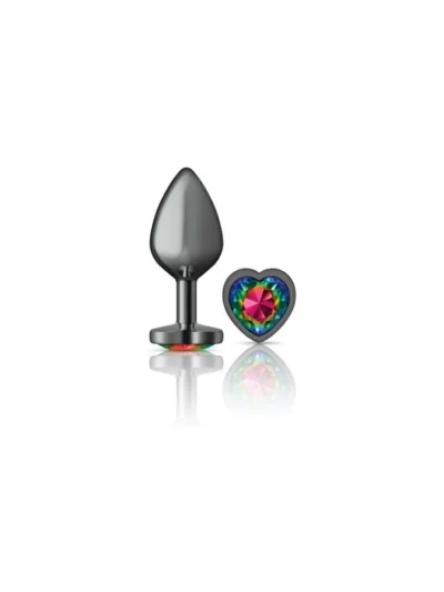 Gunmetal Metal Medium Butt Plug with Rainbow Heart Gemstone