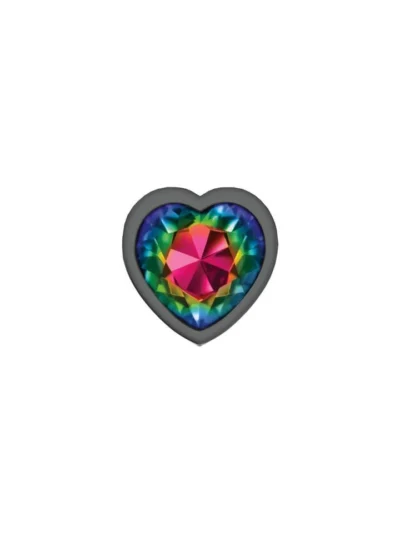 Gunmetal Metal Small Butt Plug with Rainbow Heart Gemstone