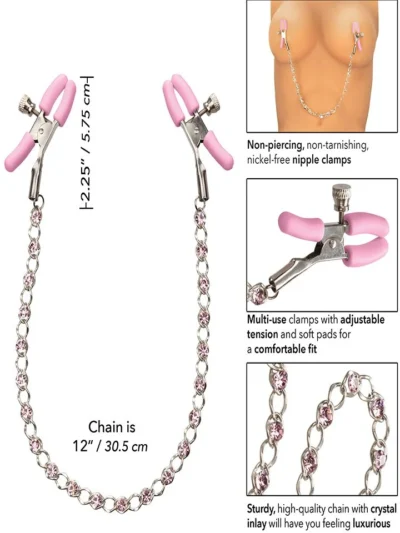 Nipple Play Crystal Chain Silicone Coated Nipple Clamps - Pink