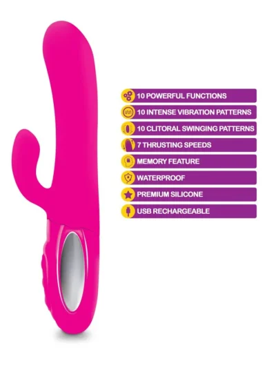 Pink thrusting rabbit vibrator with swinging clitoral stimulator
