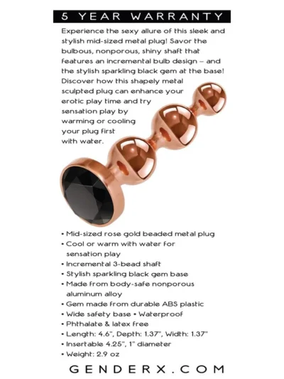 Rose Gold Beaded Metal Butt Plug with Black Gem Base - Medium