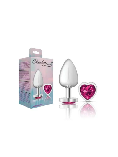 Silver Metal Large Butt Plug with Heart Bright Pink Cheeky Charms